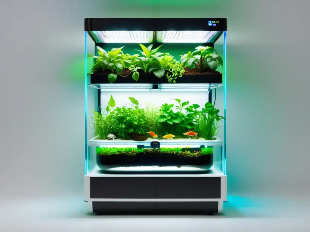 Acuaponía en espacios reducidos: sistema vertical moderno con tanques acrílicos, plantas exuberantes y peces coloridos, iluminado con LED