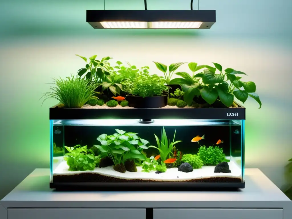 Acuaponía en el hogar: imagen detallada de un sistema moderno con plantas exuberantes sobre un tanque de peces