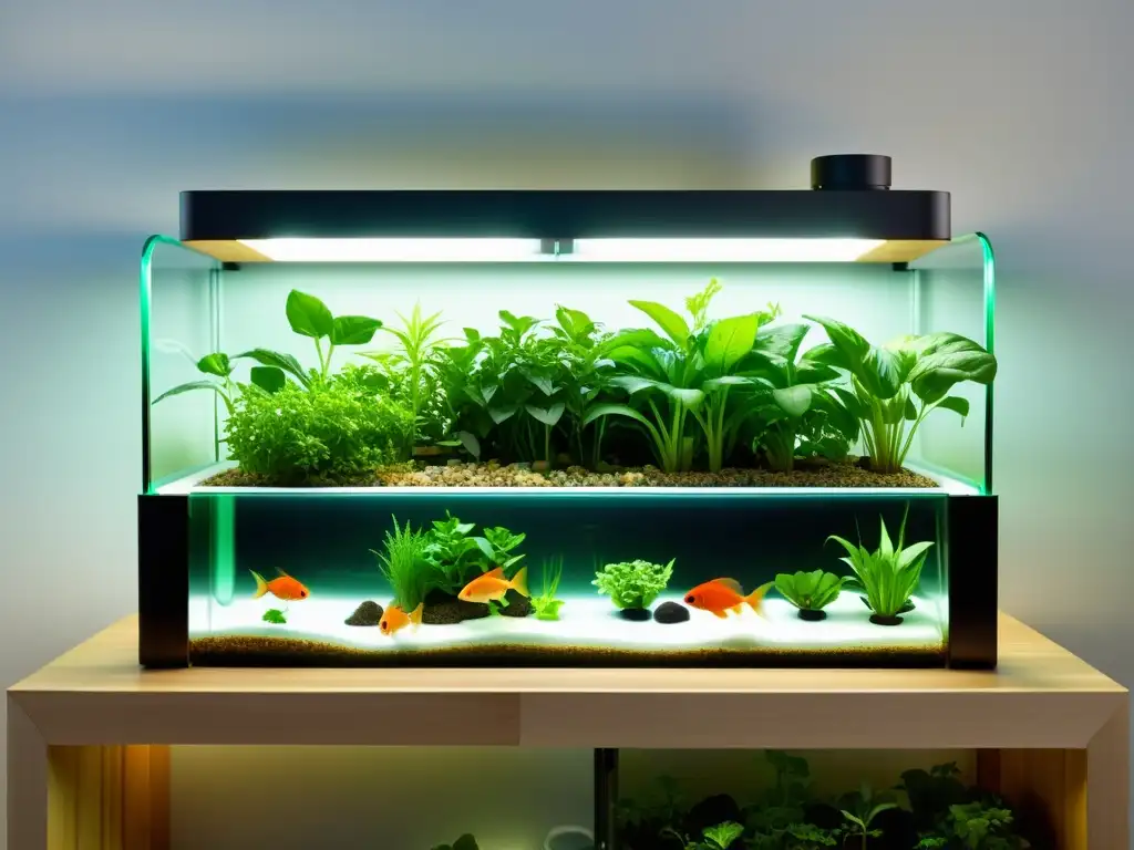 Acuaponía en el hogar: imagen moderna de un sistema eficiente y armonioso, con pecera clara, camas de cultivo y plantas exuberantes