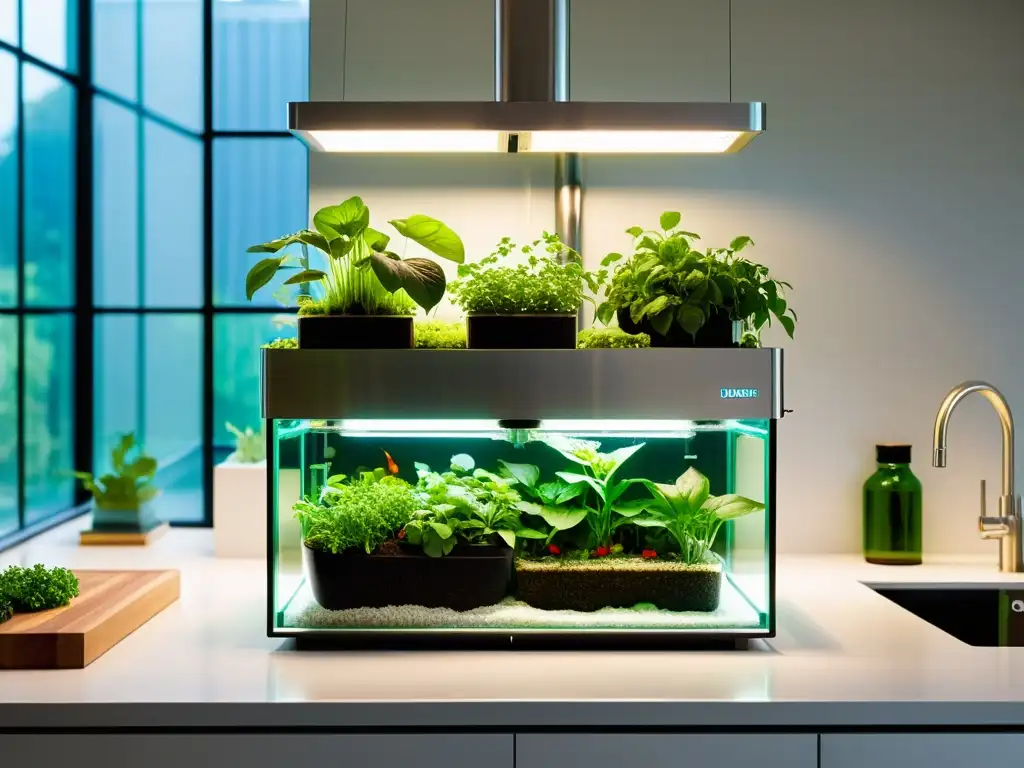 Una acuaponía en huertos urbanos sostenibles: sistema moderno y compacto en cocina luminosa con plantas verdes vibrantes y diseño contemporáneo