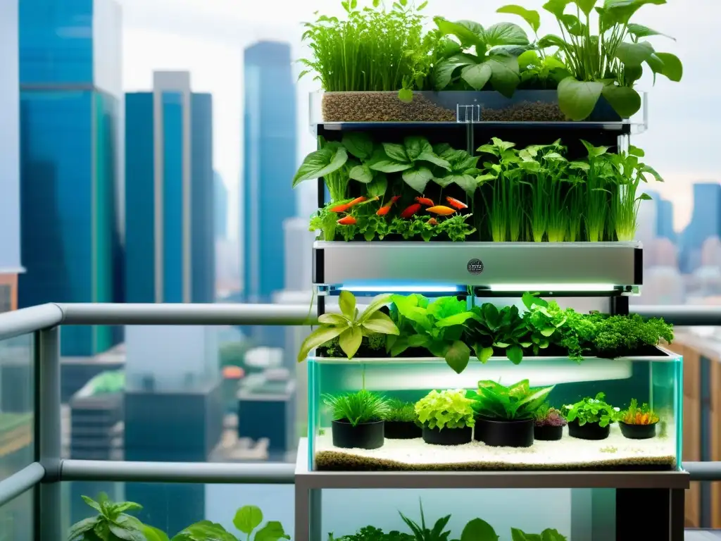 Acuaponía en huertos verticales urbanos: Sistema moderno con plantas exuberantes y peces coloridos en entorno urbano minimalista