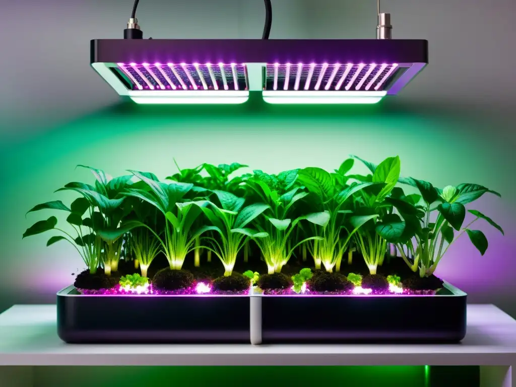 Acuaponía con iluminación óptima: sistema moderno con luces LED púrpuras iluminando exuberante vegetación y vida acuática