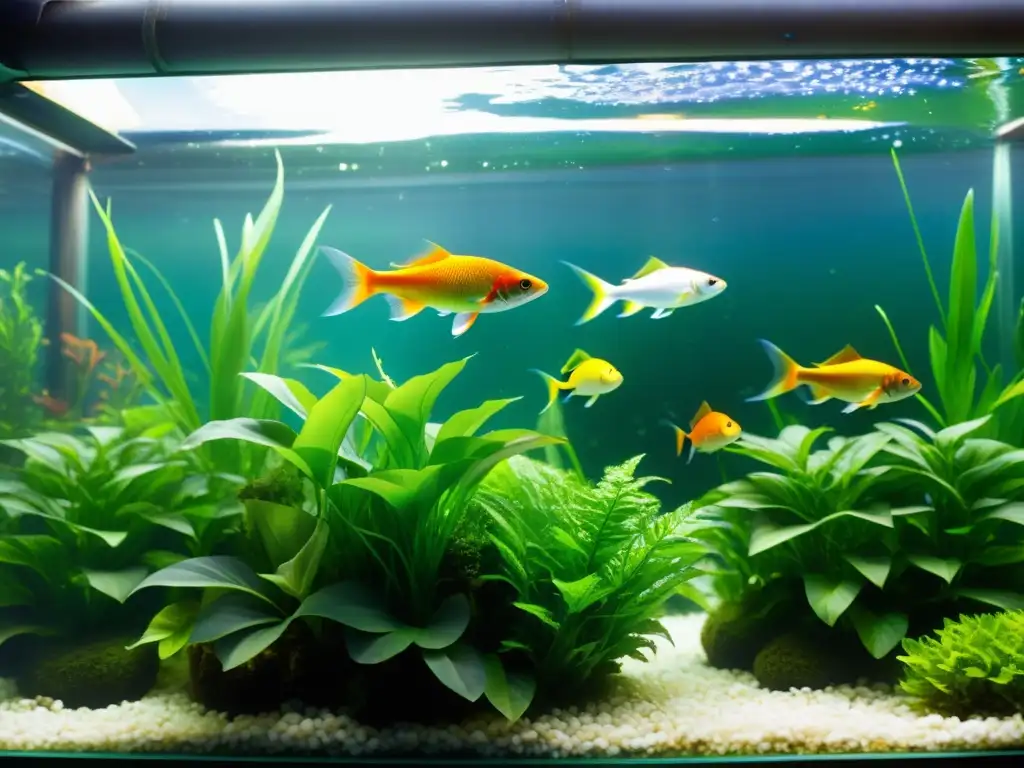 Acuario de peces vibrantes entre plantas acuáticas exuberantes en sistema acuaponía