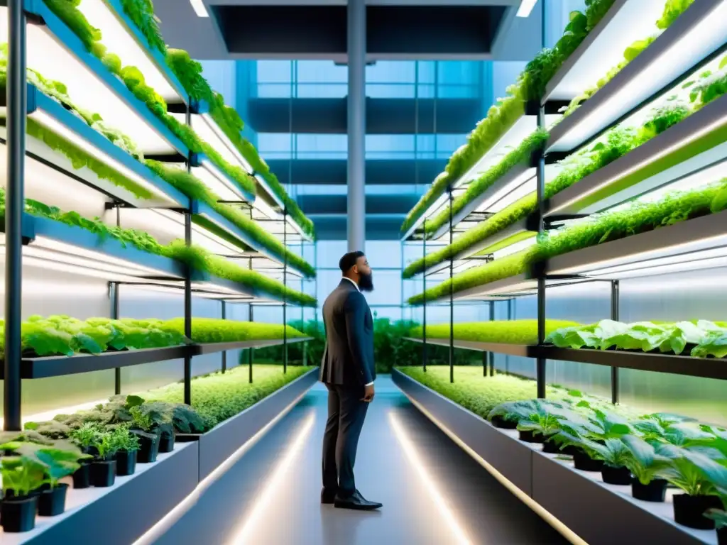 AeroFarms pioneros en aeroponía urbana: granja vertical futurista llena de verdor, tecnología y sostenibilidad