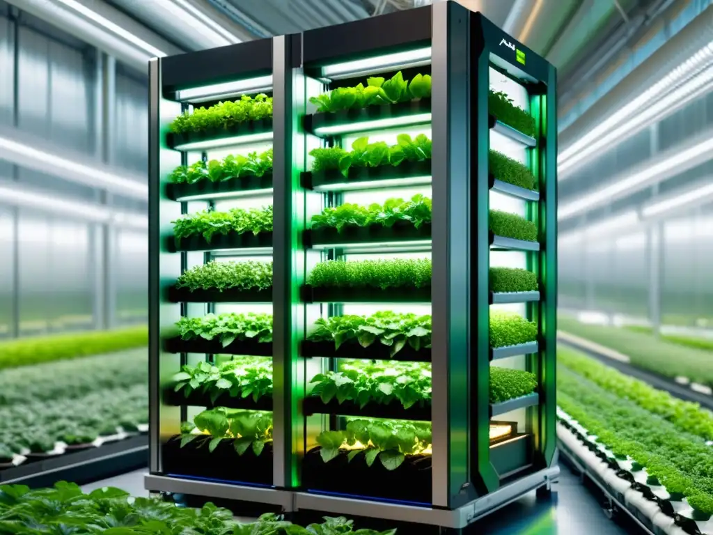 AeroFarms pioneros en aeroponía urbana: imagen de granja vertical aeropónica ultradetallada con cultivos exuberantes y tecnología avanzada