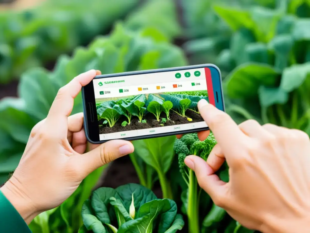 Un agricultor usa una app para documentar el progreso de verduras en un huerto urbano