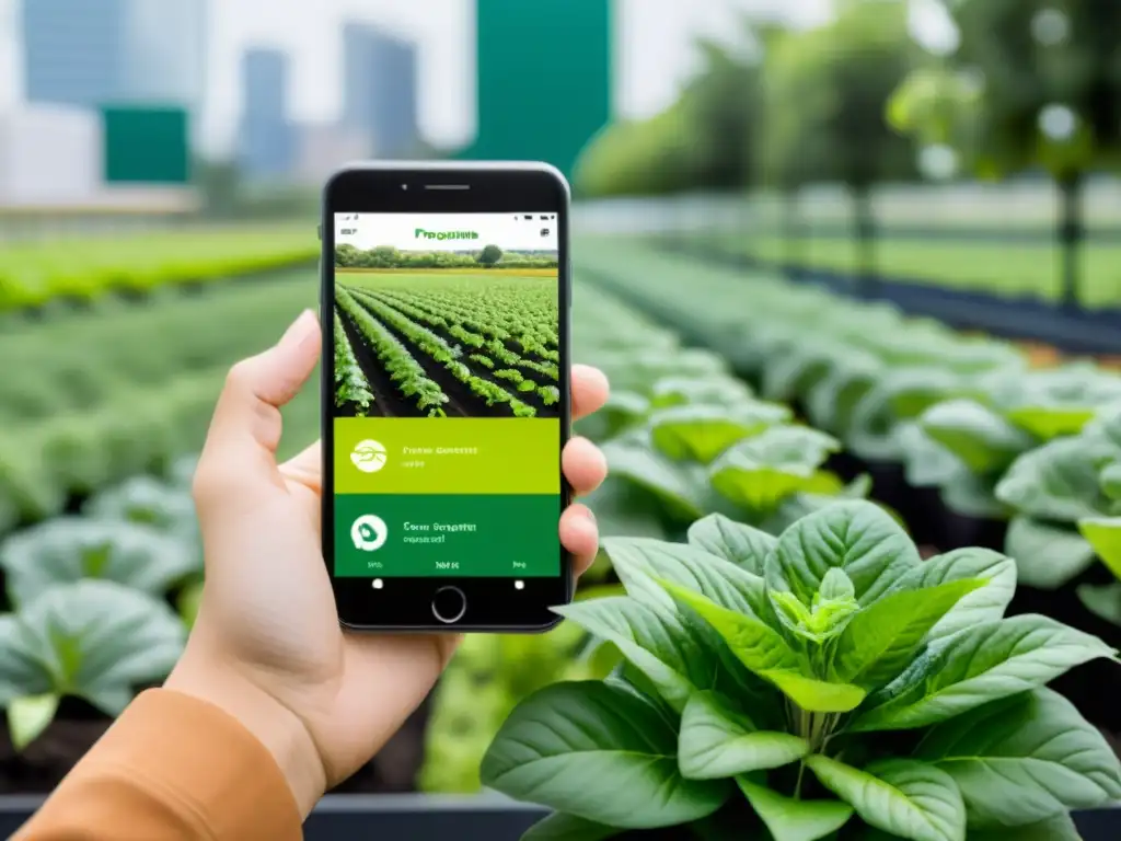 Un agricultor moderno documenta su proyecto agrícola urbano usando una app