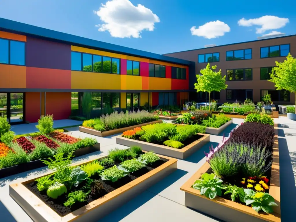 Agricultura urbana en centros de rehabilitación: Jardín urbano vibrante, con camas elevadas rebosantes de vegetales y flores coloridas