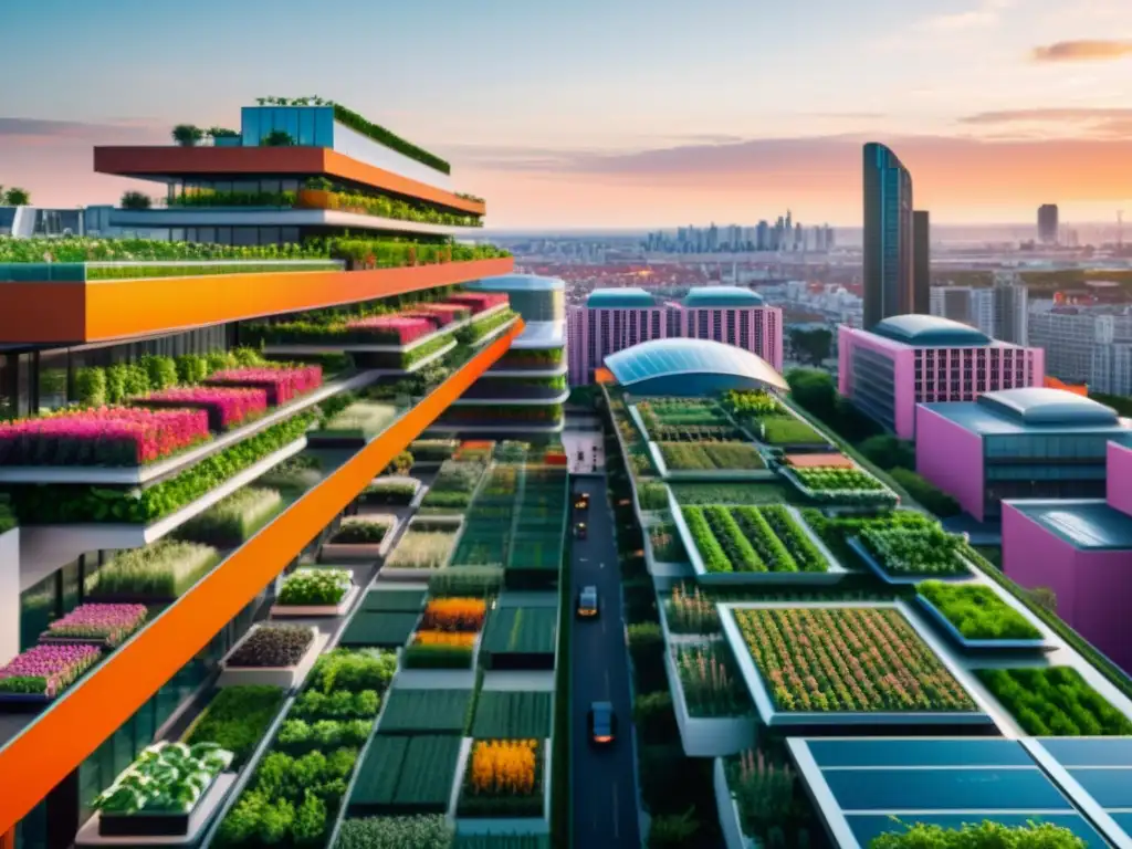 Agricultura urbana: ciudad futurista con rascacielos integrados con huertos verticales y jardines exuberantes, iluminada por una puesta de sol cálida