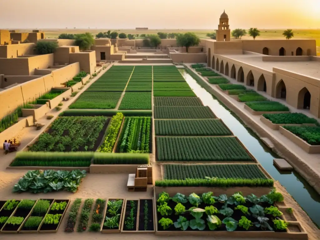 Agricultura urbana en ciudades antiguas: Ciudad mesopotámica bulliciosa con granjas urbanas y ziggurats, bañada por cálido atardecer dorado