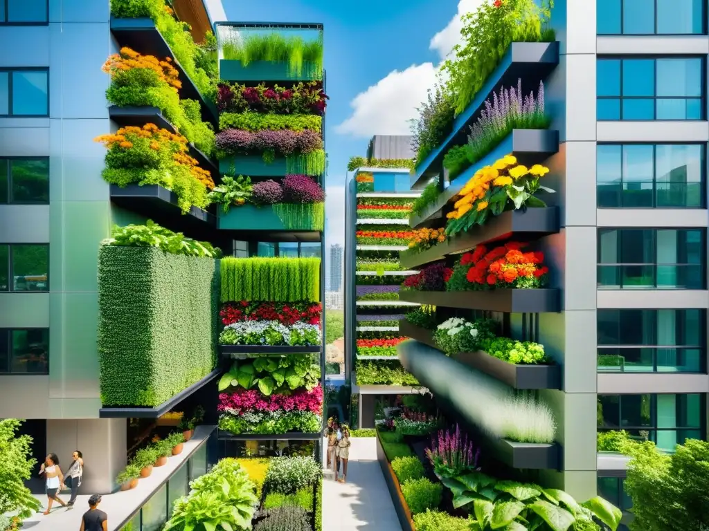 Agricultura urbana colaborativa: huertos verticales con vegetación exuberante, flores coloridas y cultivos en un entorno urbano moderno y vibrante