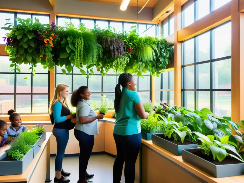 Agricultura urbana en escuelas: Estudiantes cuidan un jardín vertical con plantas exuberantes, flores coloridas y hierbas prósperas