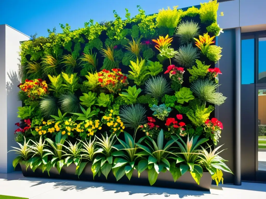 Agricultura urbana en escuelas: Jardín vertical vibrante y moderno en la fachada de la escuela, con plantas exuberantes y flores coloridas, estudiantes cuidando las plantas