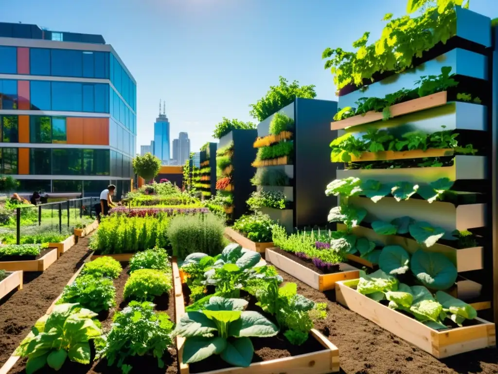 Agricultura urbana en espacios comunitarios: Jardín urbano vibrante con verduras y plantas verdes en un oasis urbano moderno y activo