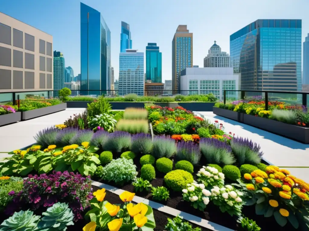 Agricultura urbana en espacios reducidos: Jardín urbano vibrante con plantas exuberantes y flores coloridas entre arquitectura moderna y biodiversidad