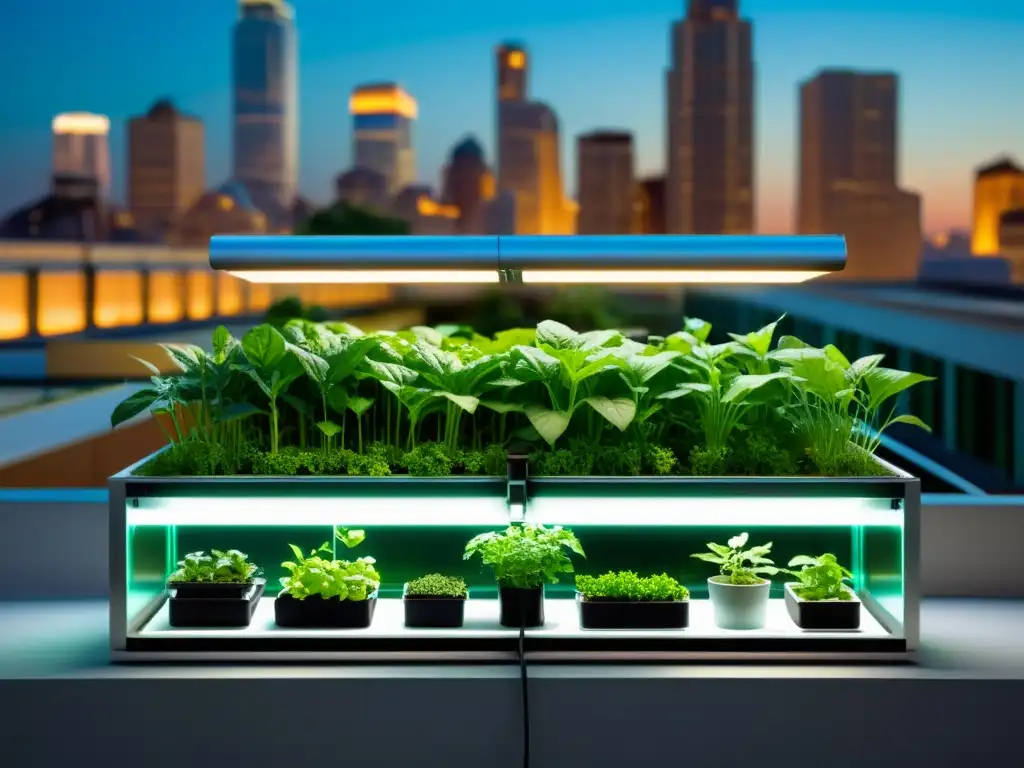 Agricultura urbana en espacios reducidos: Sistema de acuaponía urbana con tanques de peces, vegetación exuberante y luces LED, bajo el telón de fondo de la ciudad moderna