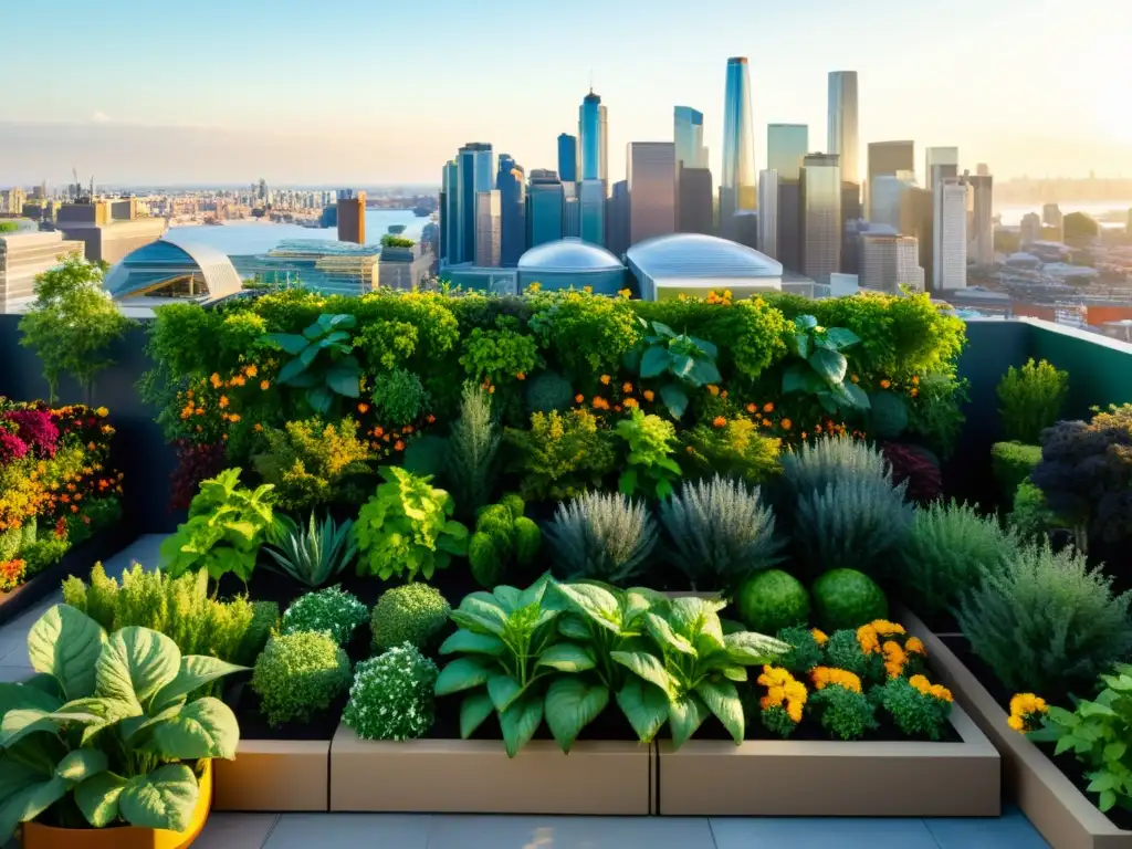 Agricultura urbana en huertos verticales: Jardín de tejado con plantas exuberantes y ciudad moderna al fondo, en armonía natural y urbana