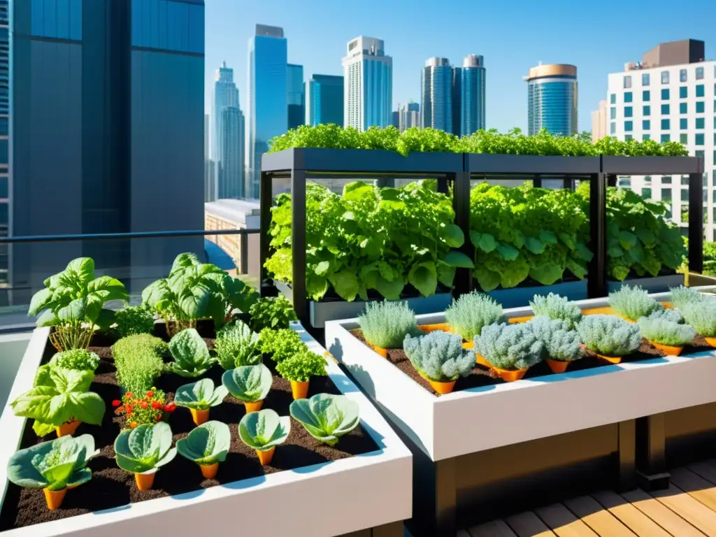 Agricultura urbana: huertos verticales en un vibrante jardín en la azotea de la ciudad, con vegetales coloridos y modernos sistemas de cultivo