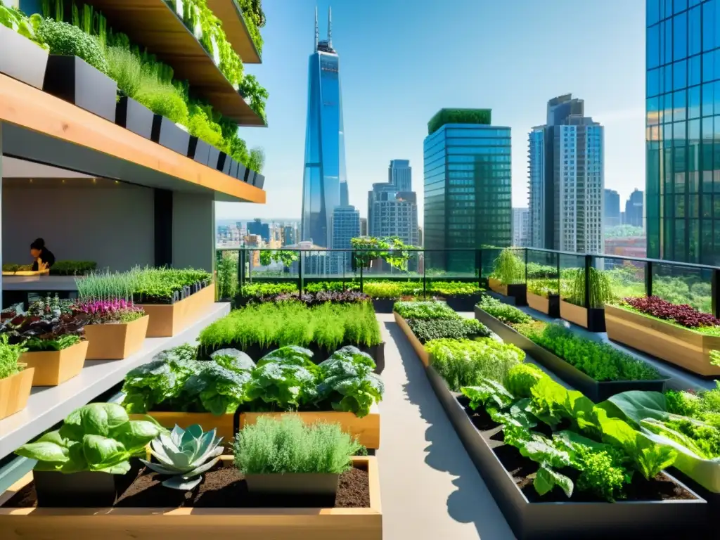 Agricultura urbana: huertos verticales en la bulliciosa ciudad, entre rascacielos modernos y exuberante vegetación bajo la cálida luz del sol