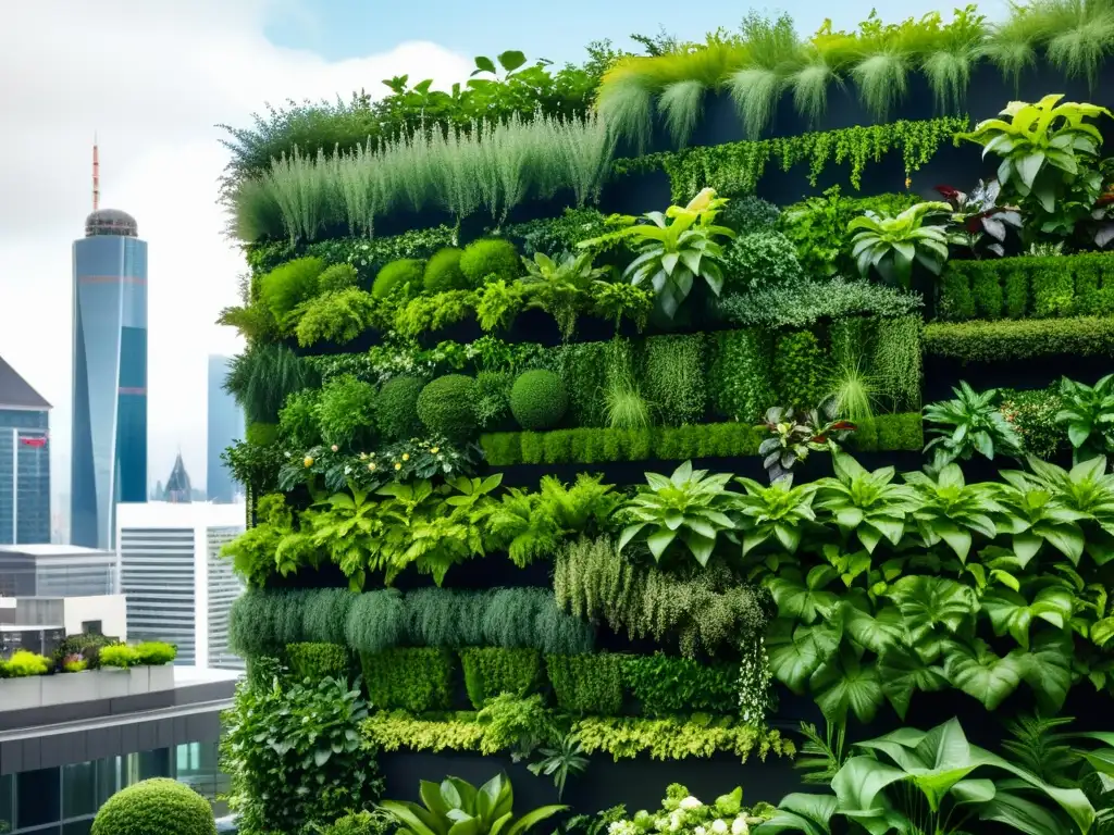 Agricultura urbana huertos verticales: Un jardín vertical exuberante frente al paisaje urbano, una fusión impresionante de naturaleza y ciudad