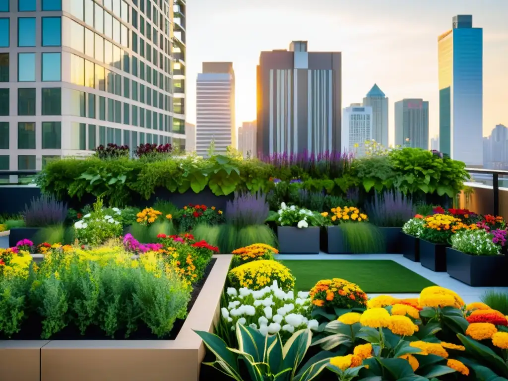 Agricultura urbana en un jardín de huertos verticales, lleno de vegetación exuberante y flores coloridas, en contraste con el entorno urbano