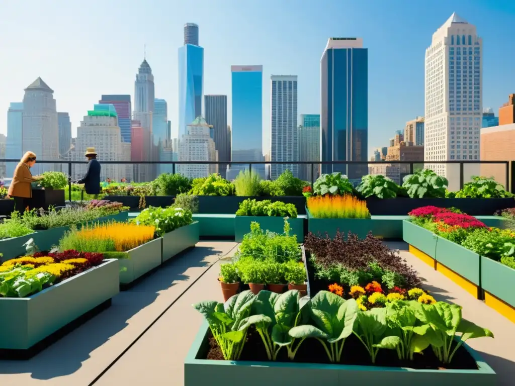 Agricultura urbana en huertos verticales: un vibrante jardín en la azotea de la ciudad, lleno de plantas, flores y personas cuidándolo con amor