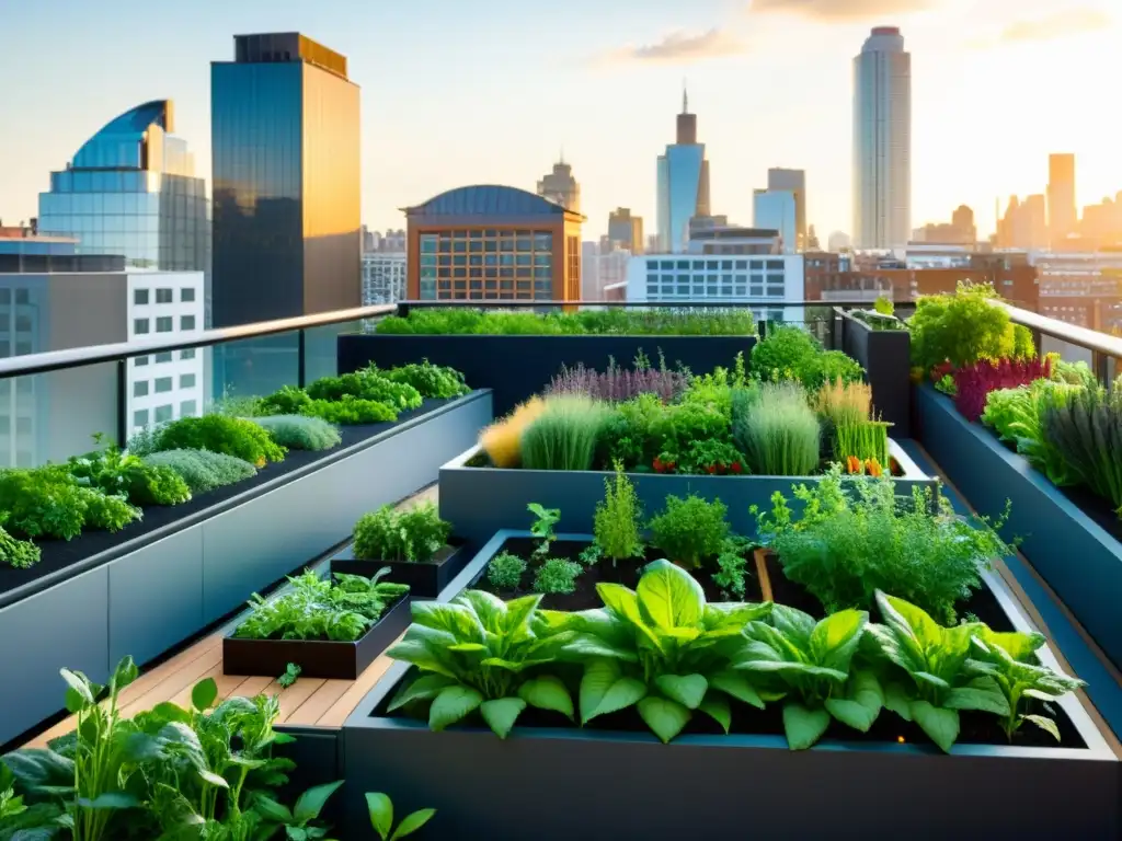 Agricultura urbana en huertos verticales: impresionante jardín en la azotea con vegetales y hierbas vibrantes, bañado por cálida luz solar urbana