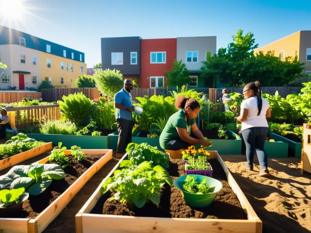 Agricultura urbana inclusiva en comunidad marginada: jardín próspero con plantas verdes y miembros de la comunidad trabajando juntos con alegría