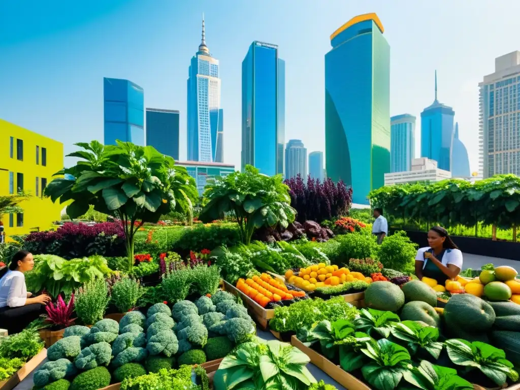 Evolución de la agricultura urbana con influencias multiculturales: ciudad moderna y jardines urbanos llenos de vida y color