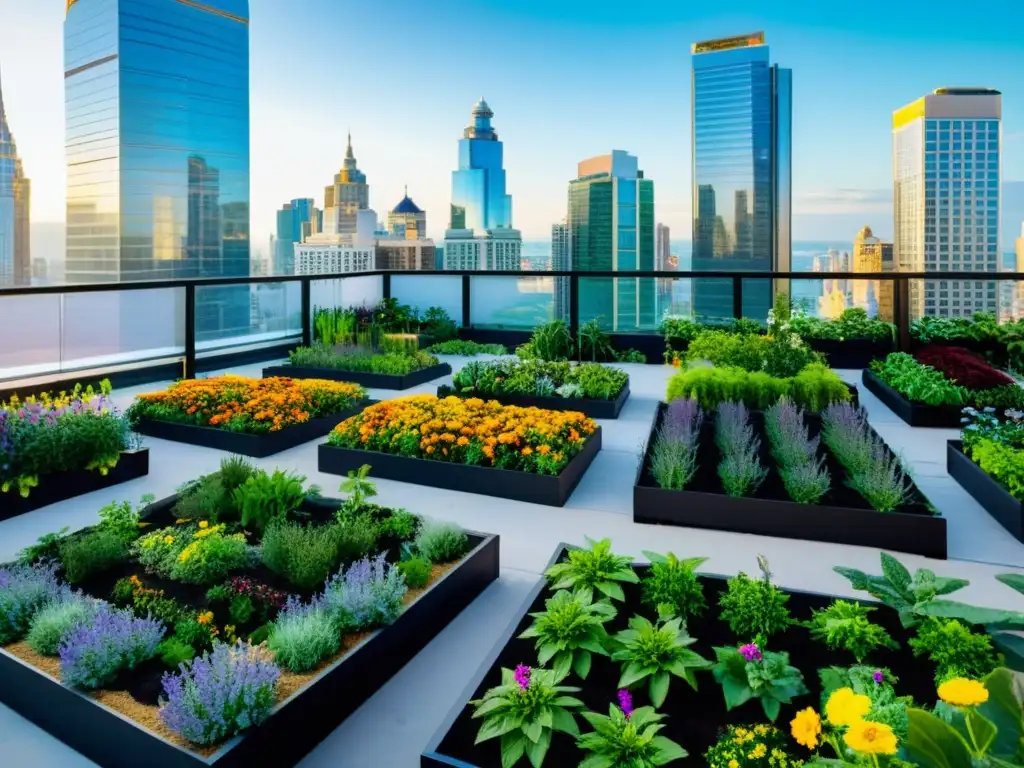 Agricultura urbana reducción emisiones cambio climático: Jardín en la ciudad con plantas, flores, verduras, abejas y mariposas