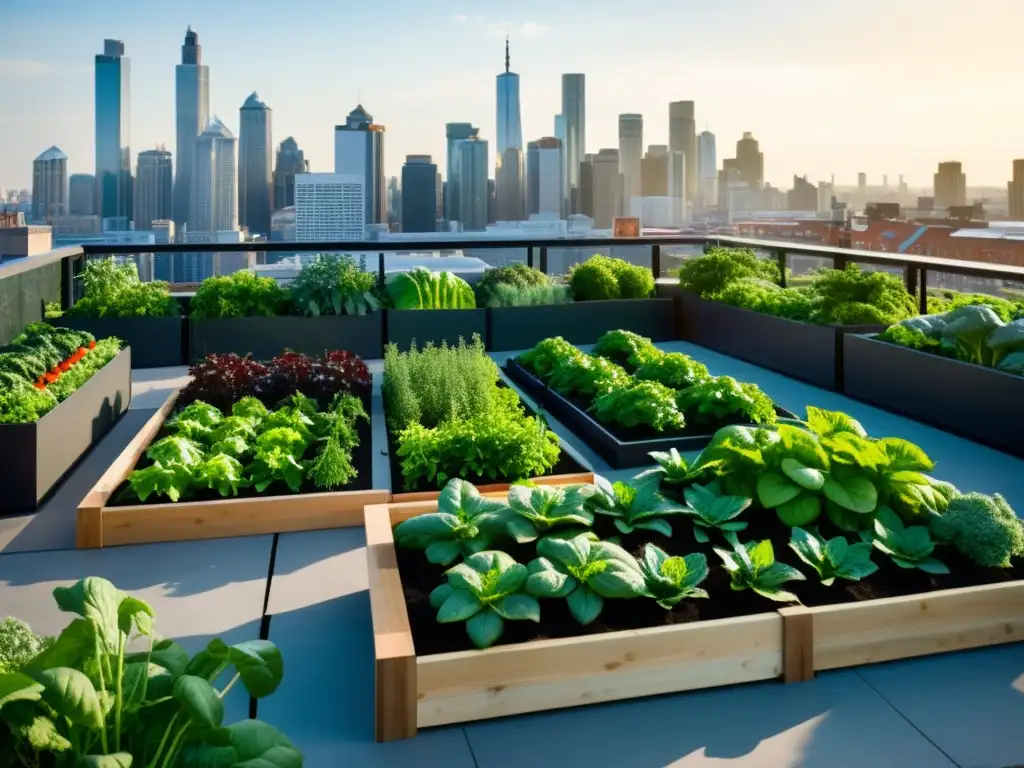 Jardín de agricultura urbana con sensores inalámbricos, verduras y frutas en camas elevadas, integrando tecnología y naturaleza