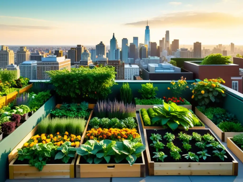 Innovación en agricultura urbana sostenible: Jardín en la azotea de la ciudad, con frutas, verduras y flores vibrantes, comunidad y bienestar