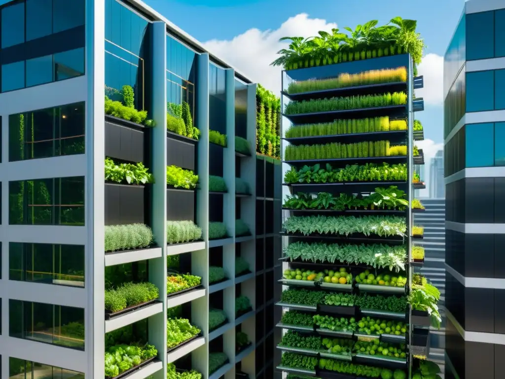 Innovación en agricultura urbana sostenible: granja vertical integrada en rascacielos, con exuberante vegetación y diseño minimalista