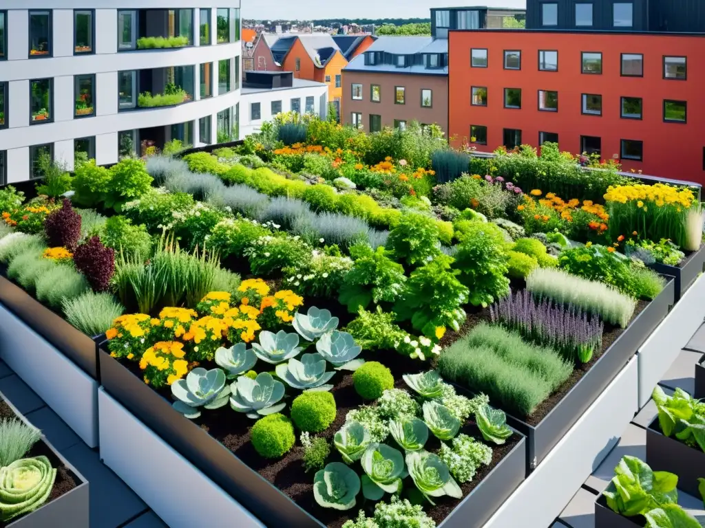 Agricultura urbana sostenible en Escandinavia: Huerto en la azotea de la ciudad, con plantas verdes, flores coloridas y edificios modernos