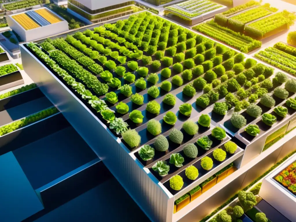 Agricultura urbana sostenible con huertos verticales en una ciudad futurista bañada por cálida luz dorada, fusionando naturaleza y tecnología