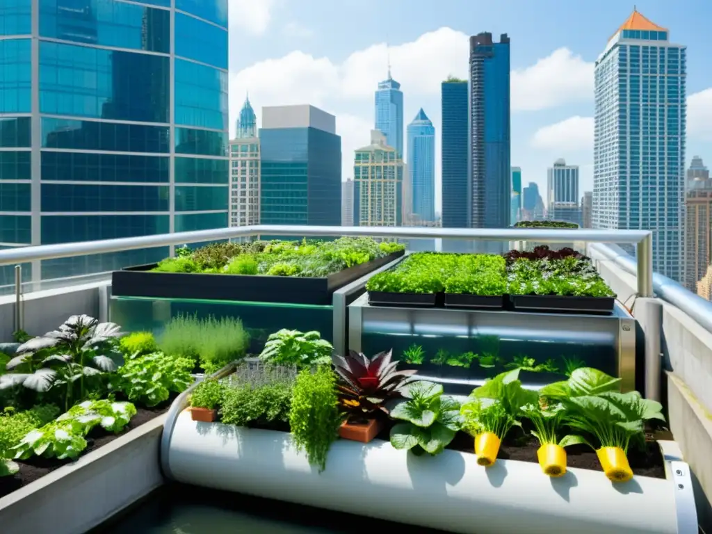 Acuaponía para agricultura urbana sostenible: Jardín urbano bullicioso con vegetación exuberante, hortalizas coloridas y un sistema acuapónico moderno