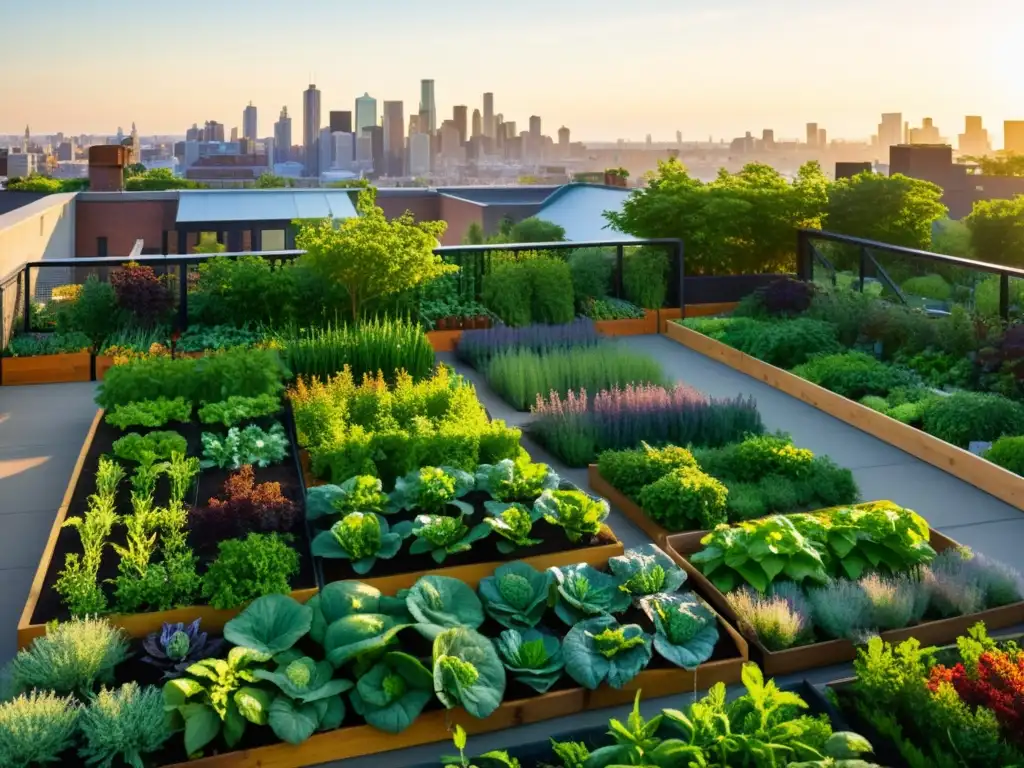 Agricultura urbana en tiempos de crisis: Jardín urbano bullicioso al atardecer con luz dorada cálida y vegetación exuberante en sombra alargada