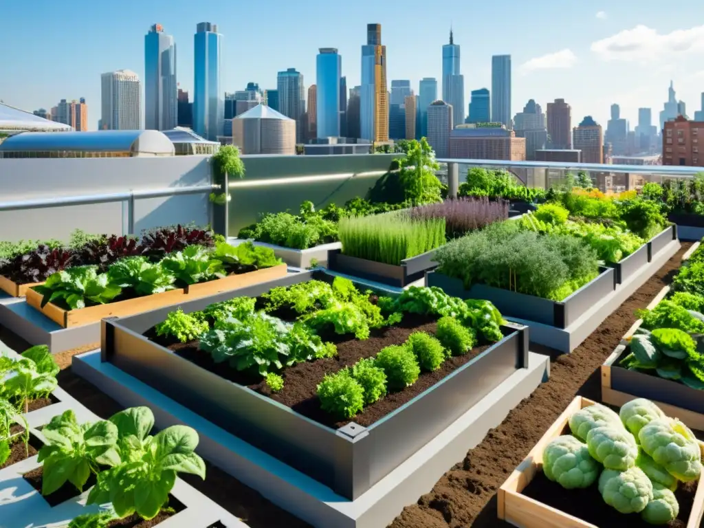 Agricultura urbana en tiempos de crisis: huerto urbano vibrante con variedad de plantas y frutas, integrado en el entorno citadino