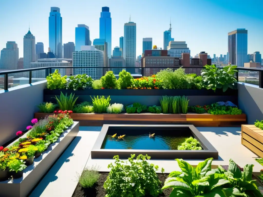 Un jardín de acuaponía para agricultura urbana, con vegetales verdes y flores coloridas en un moderno entorno urbano