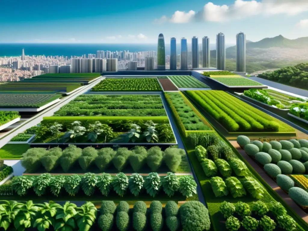 Agricultura urbana vertical sostenible: vista aérea futurista de granjas verticales integradas en la ciudad, exudando innovación y armonía urbana