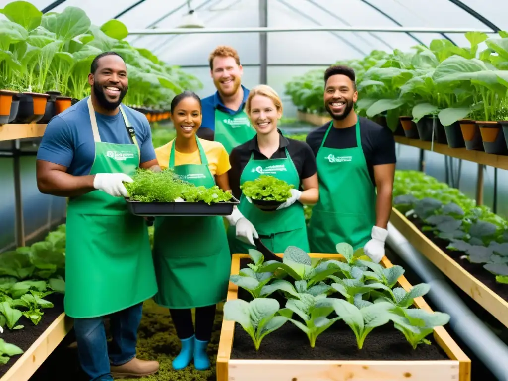 Workshops de acuaponía y agricultura urbana en un jardín vibrante, con personas diversas trabajando juntas entre plantas verdes y sistemas modernos