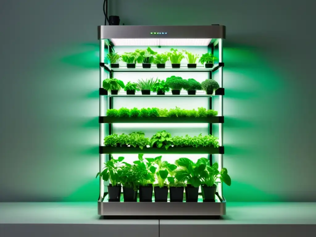 Agricultura vertical en apartamento urbano: verduras vibrantes crecen bajo luces LED en un diseño moderno y elegante