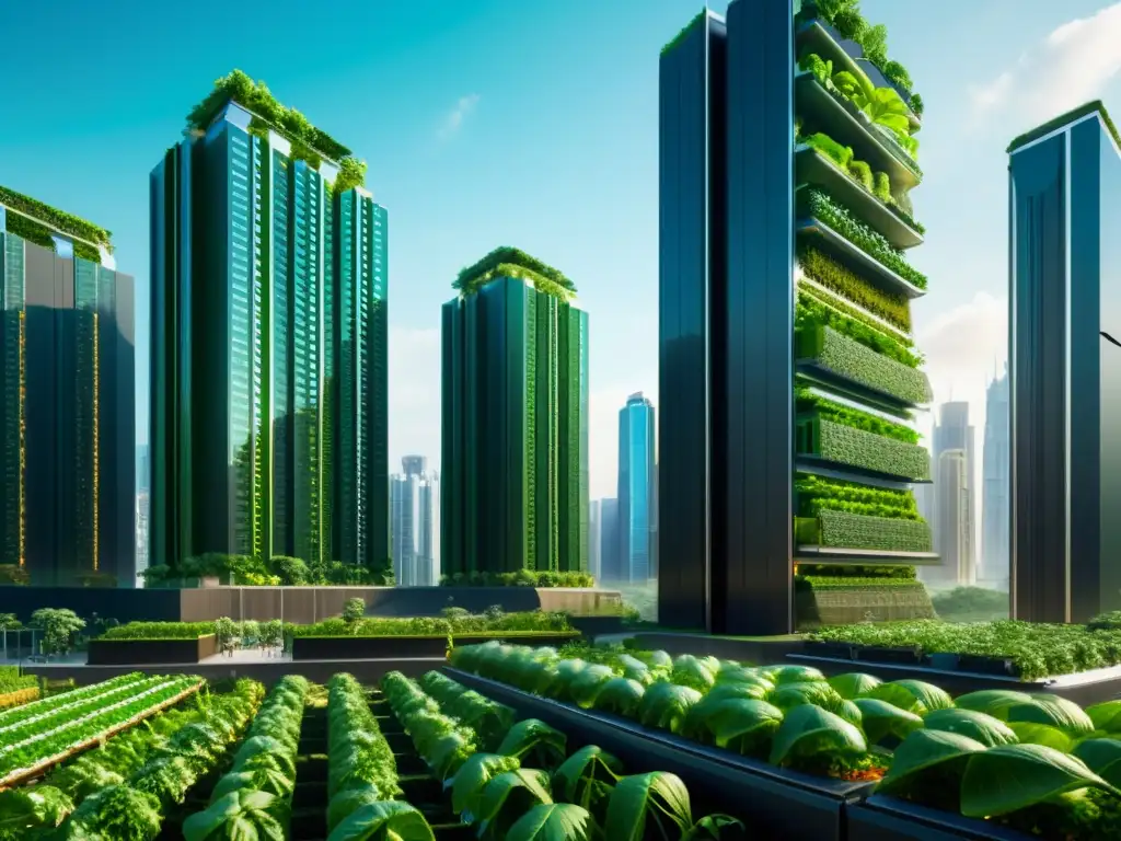 Agricultura vertical en ciudades urbanas: Futurista skyline con rascacielos integrados con granjas verticales, innovación y sostenibilidad