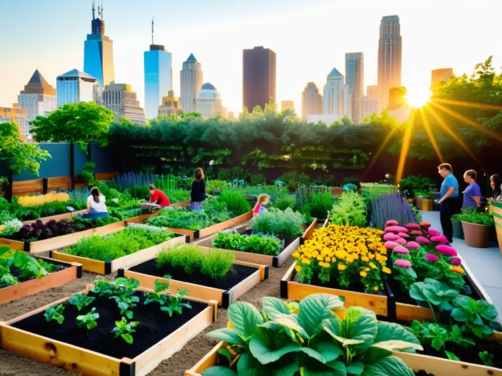 Una alegre comunidad cultiva un jardín urbano, resaltando la importancia de la biodiversidad en la agricultura urbana