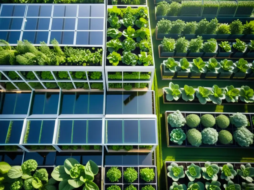 Alianzas Verdes Agricultura Vertical Urbana: Complejo de invernaderos en la ciudad, simbolizando la integración de naturaleza y tecnología