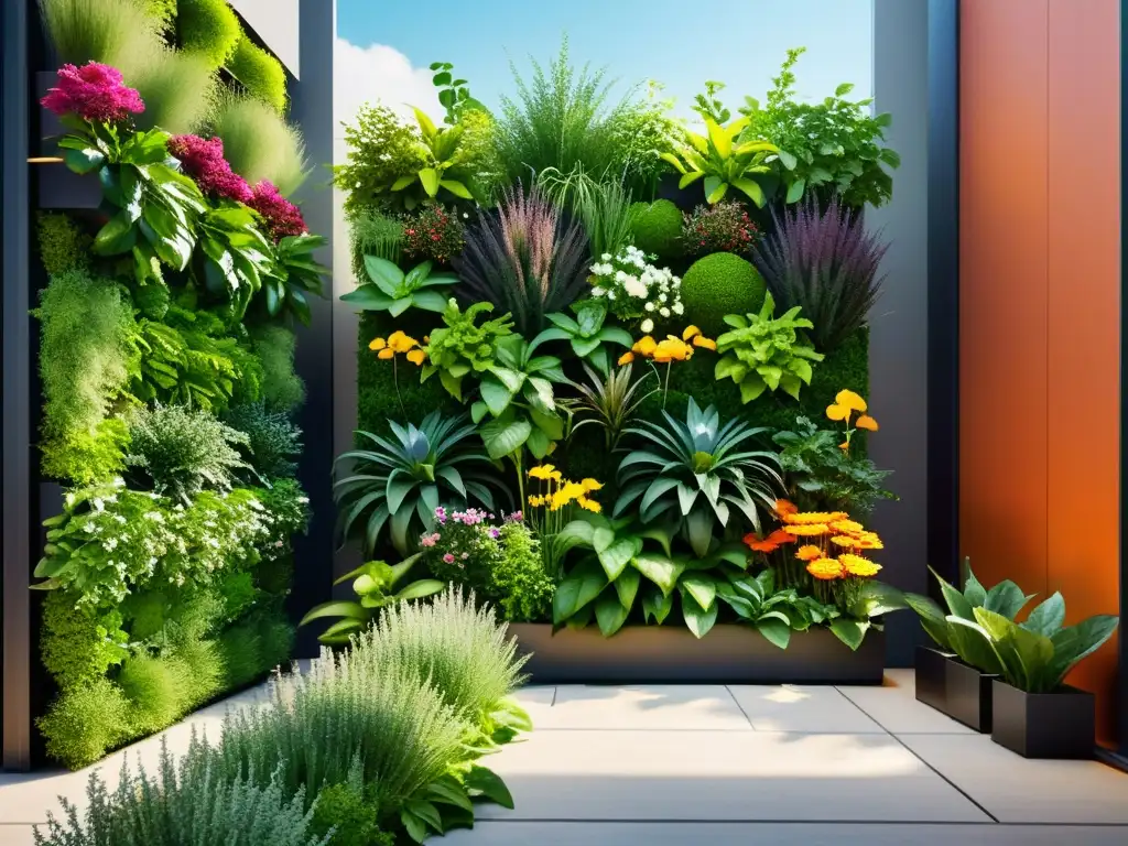 Maridando alimentos huertos verticales: Jardín vertical moderno lleno de hierbas, verduras y flores, con arquitectura contemporánea de fondo