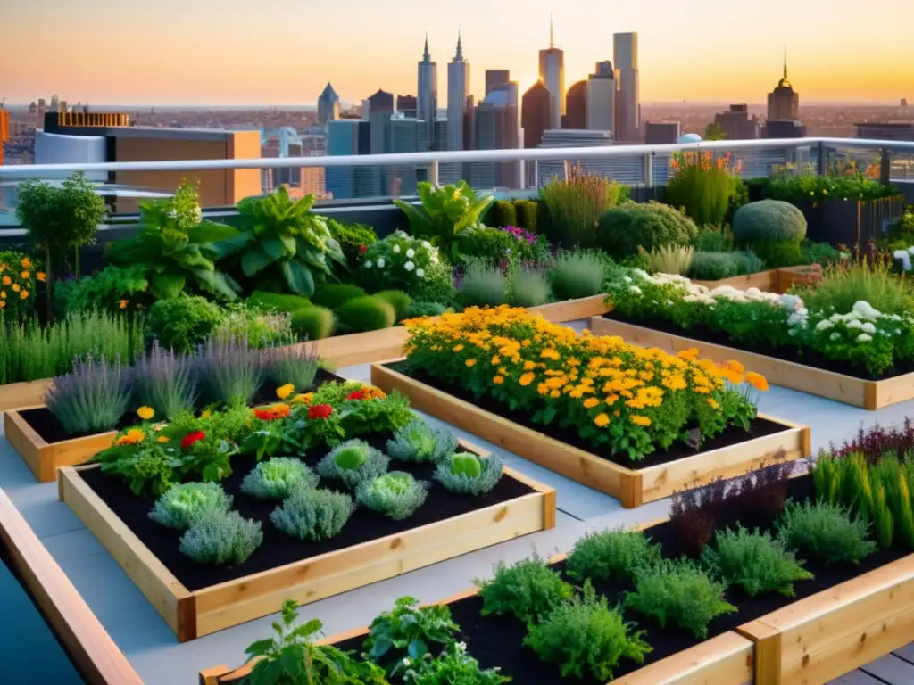 Transformación de la producción de alimentos en CityFarm: Jardín urbano al atardecer con vegetación exuberante y cálida luz dorada