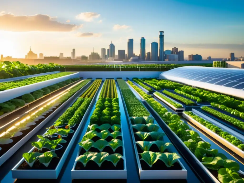 La transformación de la producción de alimentos en CityFarm cobra vida en un moderno huerto urbano bañado por la cálida luz dorada, donde cultivos exuberantes y vibrantes crecen en sistemas de cultivo hidropónico y vertical