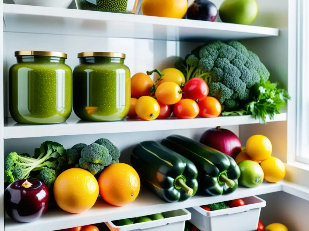 Deslumbrante variedad de frutas y verduras en despensa minimalista Un almacén de cocina moderno y minimalista con frutas y verduras frescas, evocando vitalidad y técnicas de conservación natural en huertos urbanos