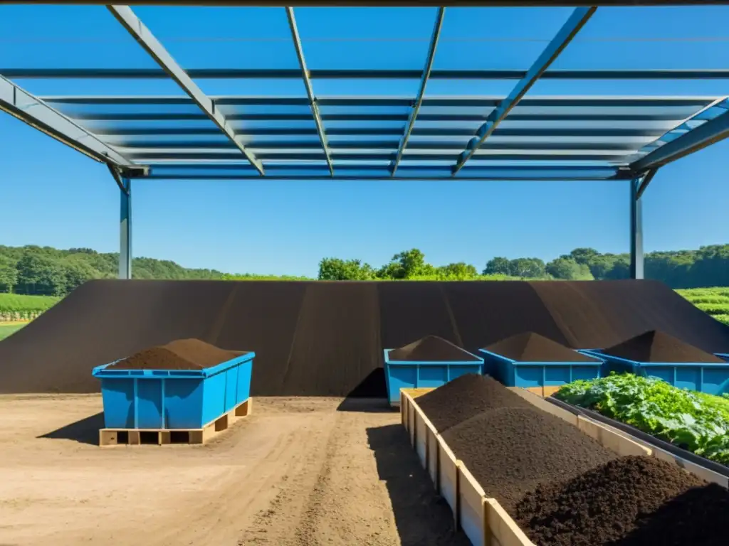 Almacenamiento de compost maduro en instalación moderna, eficiente y profesional, rodeada de vegetación exuberante y cielos despejados